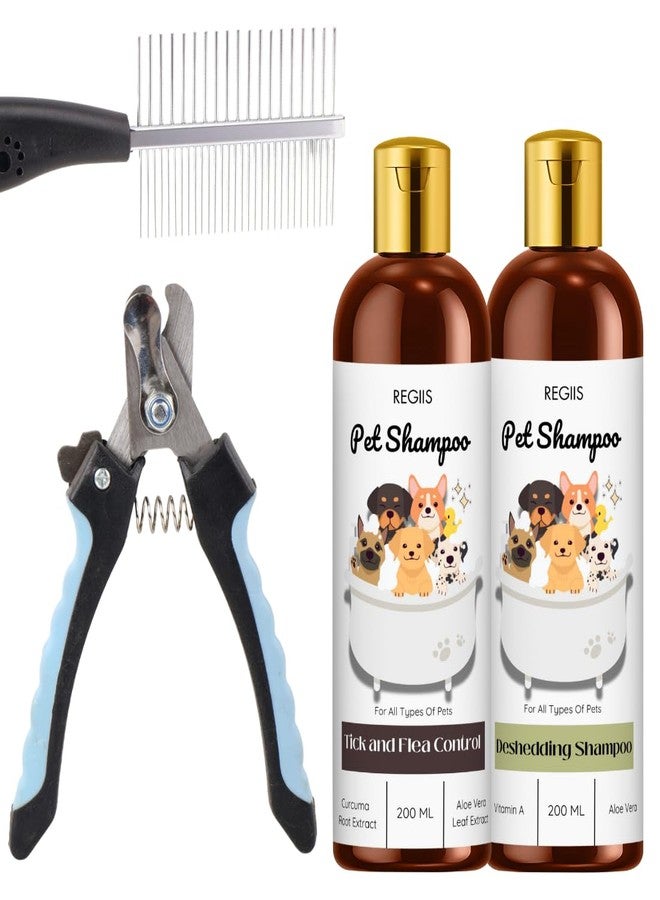 REGIIS Pet Grooming Kit, Dog Shampoo Set with Tick and Flea Control, Deshedding Shampoo, Metal Comb, Nail Clipper, 200 ML, for All Types of Pets(4 Pack) - Image 1